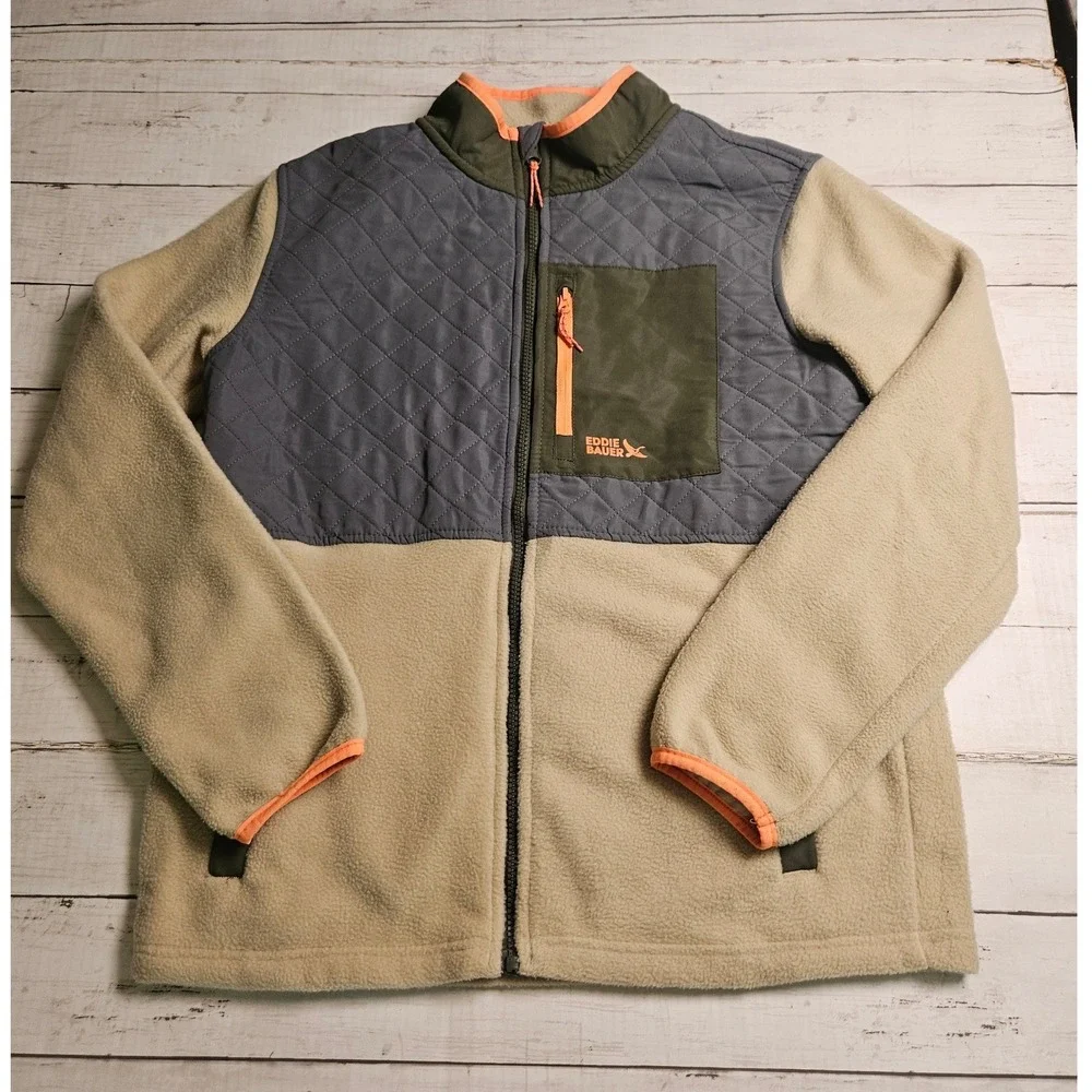 Eddie Bauer Kids Fleece Jacket Tan Gray Quilted Full Zip Mock‎ Neck E9350W550 XL